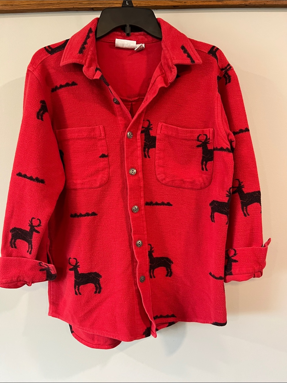 Chico's - vintage, Red Button-Up Shirt with Black Reindeer Print, small/0